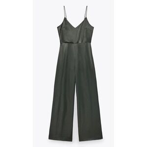 Zara Satin Wide Leg Jumpsuit Dark Green‎ Open Back Tie Spaghetti Strap Size L